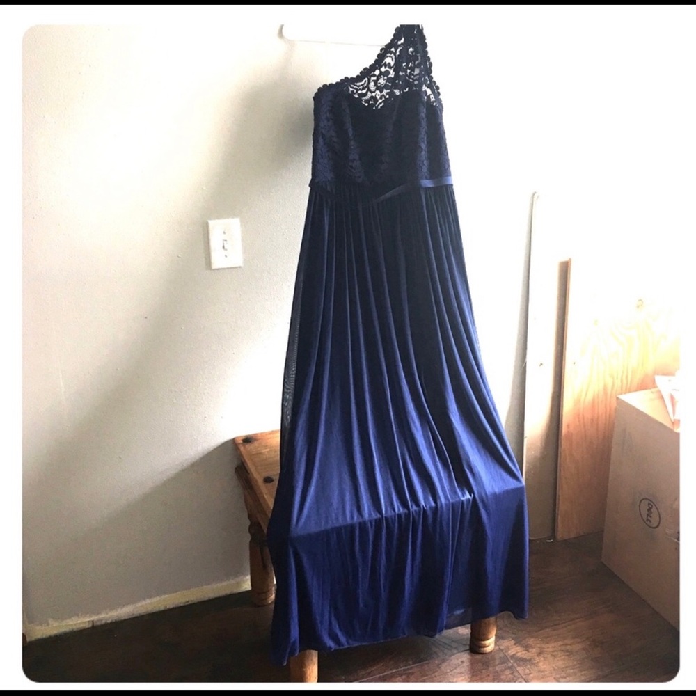 Lace one shoulder navy David’s bridal dress